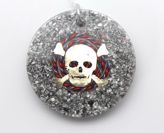 Skull and Crossbones EMF Blocker Plate - Steel - Red White and Blue Spiral, Foil Skull - 2.6