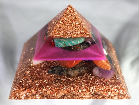 MINERAL RICH Orgone Pyramid Amethyst Amazonite, Fossil, Celestite, Agate and Quartz Hot Funk! 3.75 inches wide