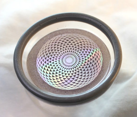 Holographic Geometric Foil Round Charoite Infused Altar Tray - Sacred Geometry Decor Real Natural Purple Charoite included 3.75 inch Round
