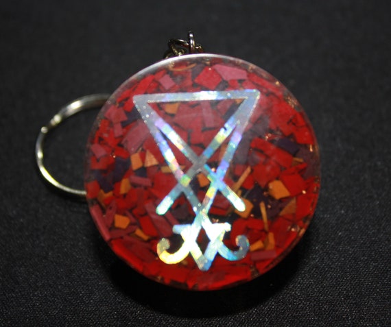 Orgone Keychain - Recycled Copper - Tumbled Quartz with Chopped Acrylic Paint - Sigil of Lucifer 1.5 inch Handmade Satanic Charm