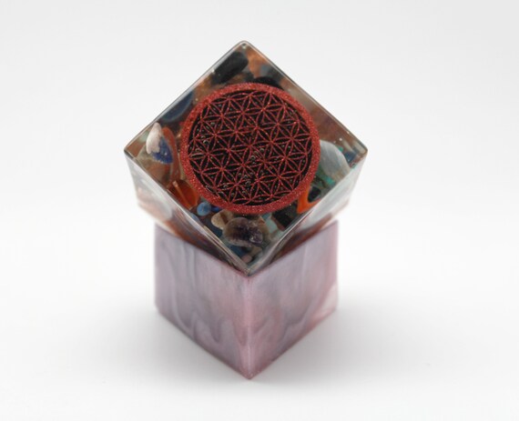Flower of Life Sparkling Orgone Generating Power Cube 2 inch on Custom Made Base - Kyanite, Spiral, Garnet, Sodalite, Turquoise, Amethyst
