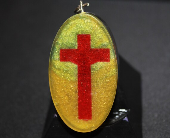 EMF Blocker Keychain Pocket Electrical Blocker 2 inch Red Cross on Yellow Mica with Tumbled Obsidian Apache Tear Insulation