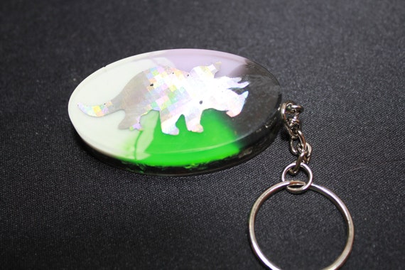 EMF Blocker Keychain Pocket Electrical Blocker 2 inch Triceratops on pink yellow and green with shredded steel - Funky Dinosaur