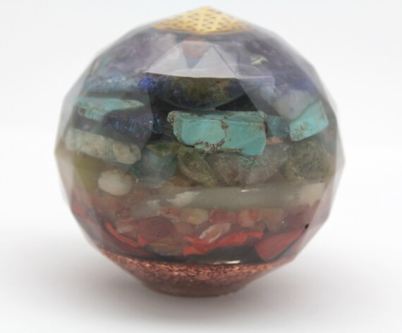 3" 8 Layer Chakra and Copper Orb Flower of Life Sacred Geometry Mineral and Gem Filled All Stone Made in America Turquoise, Coral, Amethyst