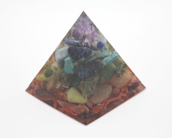 2.25" 7 Layer Chakra Pyramid Mineral and Gem Filled NO Metal - All Stone Made in America Turquoise, Coral, Amethyst, Peridot