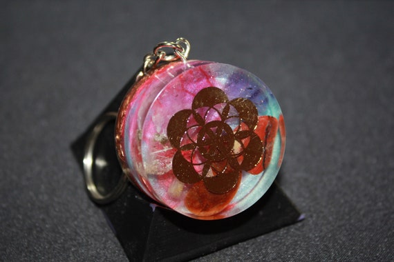 Orgone Keychain - Recycled Copper - Amethyst and Quartz - Seed of Life Sacred Geometry 1.5 inch Handmade Charm