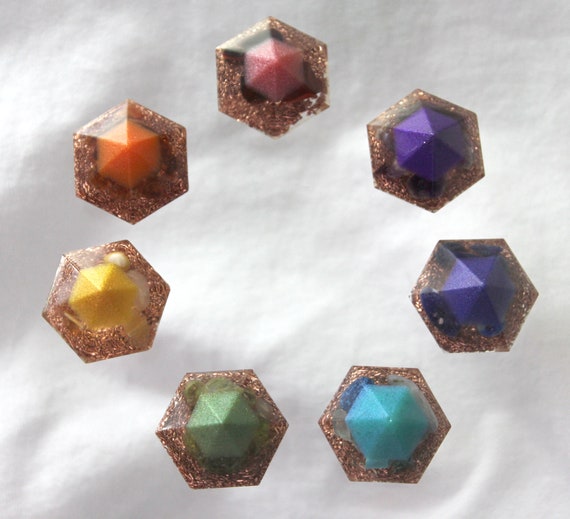 Custom Mica Tip Orgone Chakra Set 1+ Inch Gems Filled with Minerals and Copper - Perfect Reiki Healing Collection - All 7 Colors