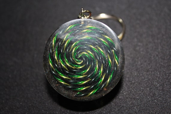 Dark Sparkle Spiral Orgone Keychain - Rainbow Hematite mixed with Quartz between Shredded Copper and a Bold Spiral 1.5 inch Handmade Charm