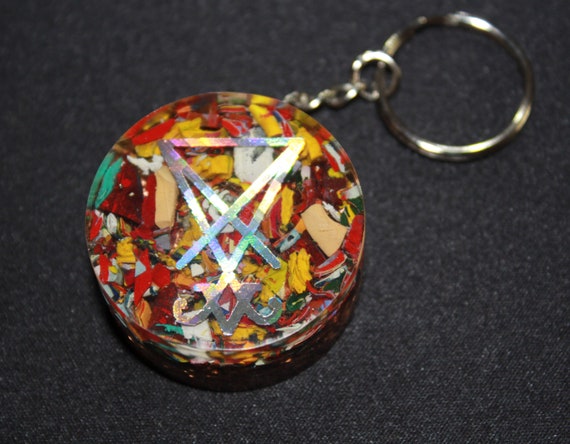Sigil of Lucifer Orgone Keychain - Recycled Copper - Tumbled Quartz with Chopped Acrylic Paint - 1.5 inch Handmade Satanic Charm