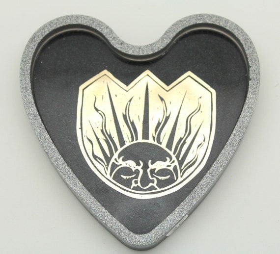 Pagan Green Man Sunrise Heart Shaped Dish Rainbow Hematite Background, Golden Foil with Diamond Glitter Rim 4.25 Inch Tray for Jewelry