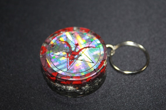 Satanic Pentagram on Red Plastic Background EMF Blocker 1.5 inch round Shredded Plastic Insulation and Shredded Recycled Steel Hail Satan!