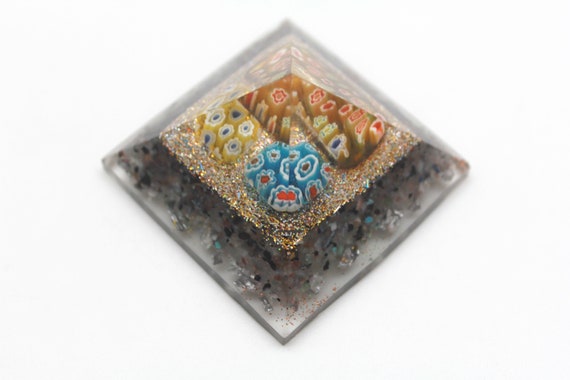 EMF Blocking Pyramid Millefiori Glass over Black Tourmaline and Steel - Electrical Blocking Elements Beautiful Flowery Tumbled Glass 2 inch