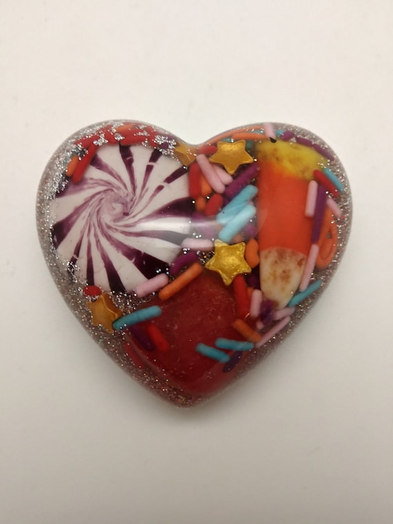 Candy explosion! Peppermint swirls, gumdrop and sprinkles in Heart 2.25 inch super colorful candy corn