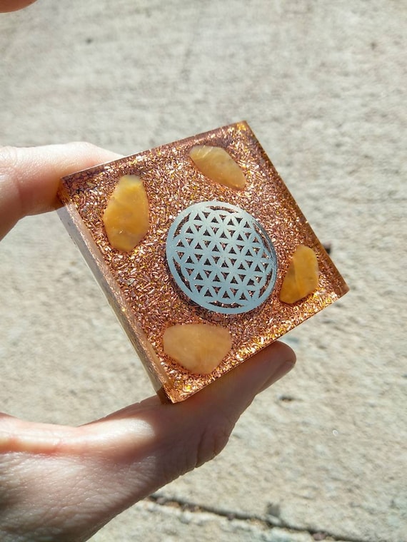 Flower of Life Sacred Geometry Citrine Quartz with Copper Orgone Power Plate Desktop 2 inch