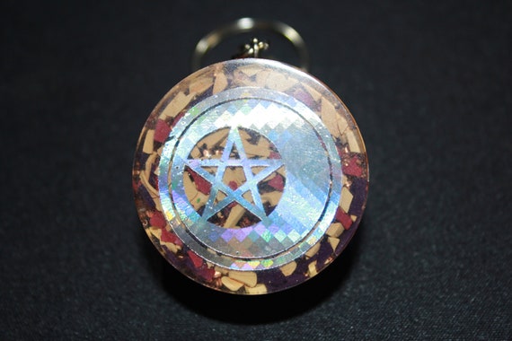 Orgone Keychain - Recycled Copper - Tumbled Quartz with Colorful Acrylic - Foil Moon Pentacle 1.5 inch Handmade Charm