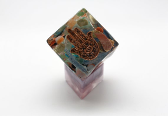 Sparkling Hamsa Eye of God Orgone Generating Power Cube 2 inch on Custom Made Base - Kyanite, Spiral, Tourmaline, Quartz, Agate and Copper