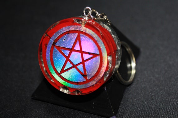 Rainbow Power Pentagram Red Background EMF Blocker 1.5 inch round Shredded Plastic Insulation and Shredded Recycled Steel Hail Satan!