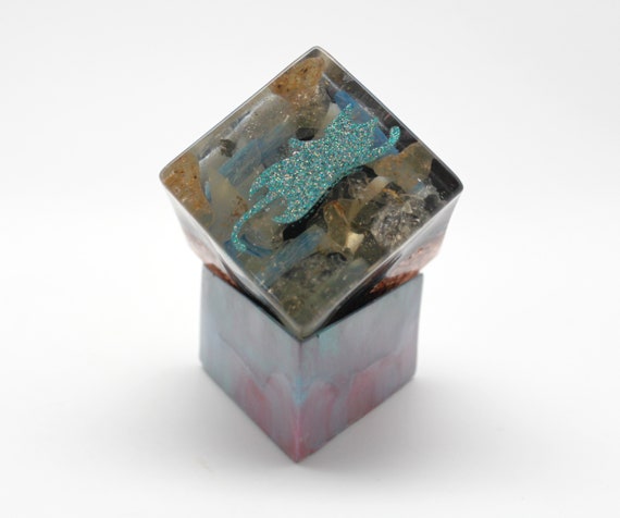 Stretching Kitty Orgone Generating Power Cube 2 inch on Custom Made Base - Kyanite, Quartz, Schorl, Mother of Pearl - Super Blue