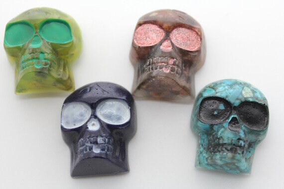Four Gem Skull Magnets - For your Fridge! Real Azurite, Peridot, Turquoise, Gem Spinel and Ruby - Perfect for your Funky Decor - 1.25 inch
