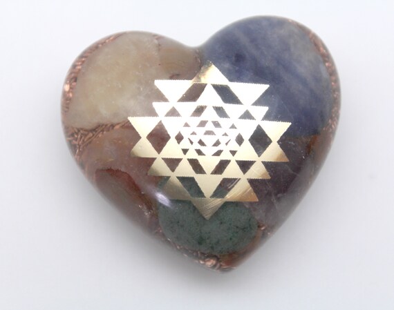 Sri Yantra of Orgone Power - Copper, Quartz, Lapis, Calcite - Cute 2 inch Heart - Bring forth the Goddess! - the beauty of the three worlds