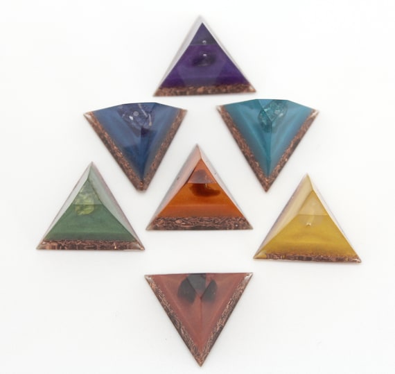 Chakra Set Pyramid Orgone Minis - 7 single Mineral Bead on Colored Mica with Copper Base - Energy Charging Reiki Stones - 1 inch set of 7