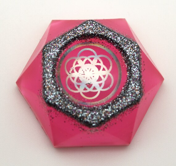 2.25 inch Display Stand with Egg of Life Foil and Sparkling Rainbow Glitter Rim - Hot PINK base, amazing display stand for spheres or Rocks
