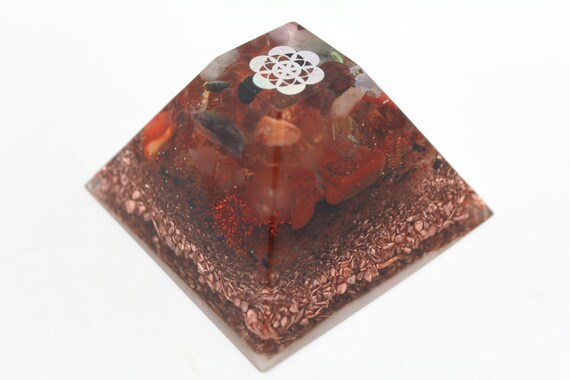 Seed of Life Flat Top Orgone Pyramid Rich Recycled Copper with Quartz and Real Natural Minerals 2.6 inch Rutile Opal Seashell Firey Orange