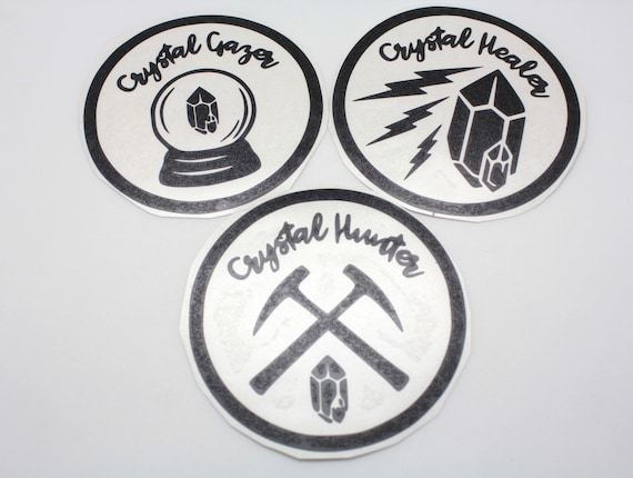 Three Pack of Crystal Hunter Crystal Healer and Crystal Gazer Vinyl Stickers Black All 3 for ONE price - 3.75 inch Circle For Car or Laptop