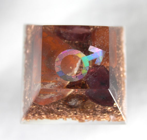 Mini Altar Orgone Energy Male Rainbow Foil with Red Jasper, Red Tourmaline, Garnet and Copper - 1.25 inch