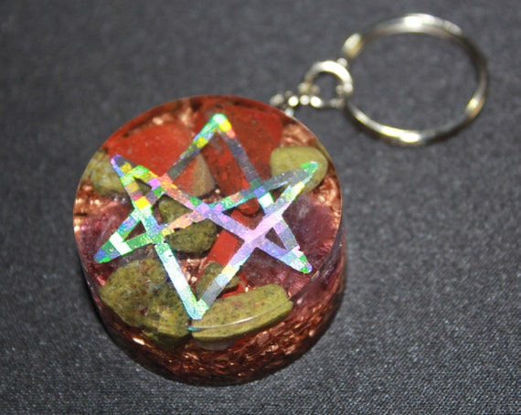 Unicursal Hexagram Orgone Keychain - Recycled Copper - Amethyst, Epidote and Red Jasper 1.5 inch Handmade Charm