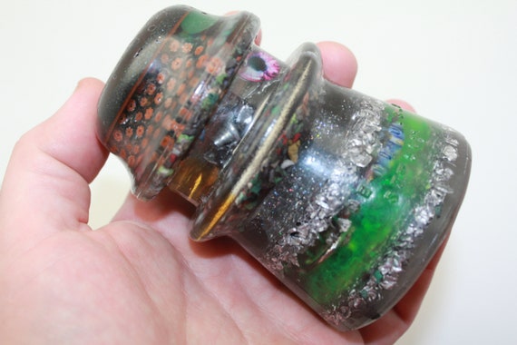 Orange Millefiori glass, Hematite, Obsidian & Cat Eye Large EMF Blocking Insulating 3.75 Inch Desktop 5G Field Dampener - Antique Insulator