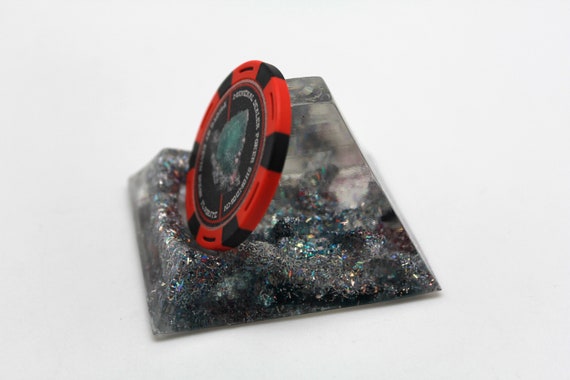 Electric Foil Pyramid Medallion Coin Poker Chip Display Stand - Includes Rare Colorado Fluorite Crystal Poker Chip - Silver Foil Inclusions