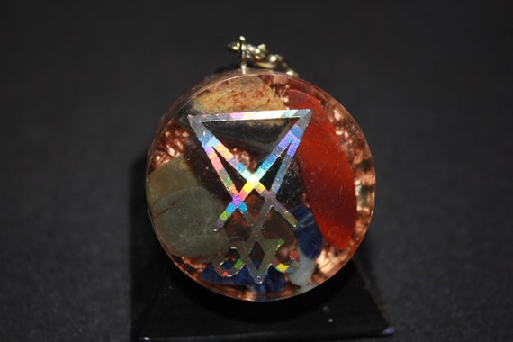 Orgone Keychain - Recycled Copper - Tumbled Quartz with Tumbled Stones - Sigil of Lucifer 1.5 inch Handmade Satanic Charm