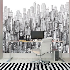 Black and white City Wallpaper Peel & Stick, Hand Drawn Urban Wall Mural, Removable Wall Art Sticker for Home Decor