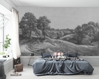 Vintage plattelandsmuurschildering - verwijderbaar aquarelbehang, gladde matte afwerking, Peel-and-Stick-decor, afdruk van hoge kwaliteit