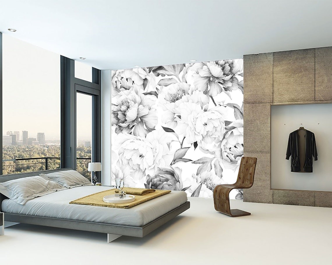 White Peony Removable Wallpaper Peonies Wall Mural Black and Etsy