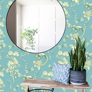 Chinoiserie Wall Mural Floral and Birds Pattern - Peel And Stick, Blue Green Decor, Luxury Wallpaper, Renter Friendly