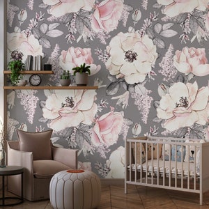 Dusty Rose Wallpaper, Vintage, Floral, Nursery, Wallpaper, Watercolor, Baby, Kids, Decal, Sweet, Room, Wall, Self-adhesive, Babyroom