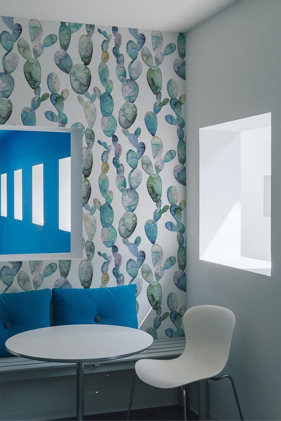 Watercolor Cacti, Removable Wallpaper, Pattern #118, Self-Adhesive, Renter Friendly, Accent Room Decor, Modern Space Design