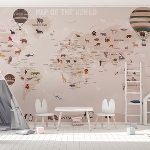 Brown World Map Wallpaper for Nursery Baby Room, Illustrated Global Design, Unique Baby Shower Gift, Kids Room Decor #15