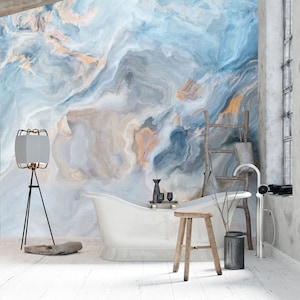 Marble Aquarelle Textured Wallpaper Mural - Blue & Yellow Peel and Stick Removable Wall Decor