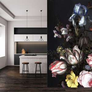 Dutch Dark Vintage Floral Removable Wallpaper, Peel and Stick, Dark floral wall mural, Floral wallpaper, Self adhesive, Temporary wallpaper