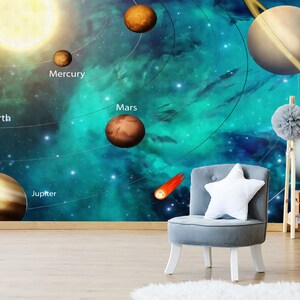 Self Adhesive Peel and Stick Kids Wallpaper Removable Space Wall Mural Outer Space Wallpaper Colorful Planets Wall Mural Kids Room Nursery