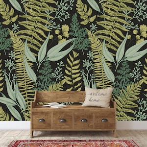 Botanical Wallpaper, Ferns Wallpaper, Wall Mural, Green Home, Herbal Decorations, Peel and stick, Removable Wallpaper, Temporary wall art