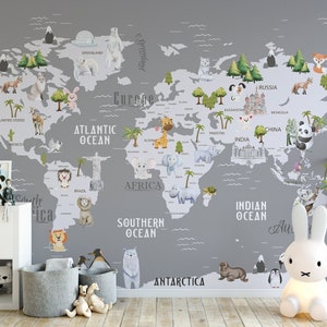 Papel tapiz con mapa del mundo para habitación infantil: diseño de pared gris para decoración infantil n.° 12