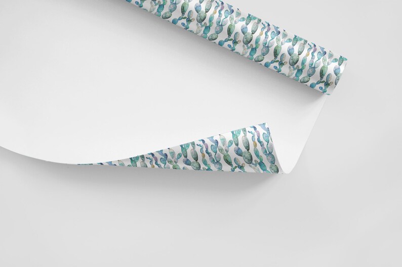 May include: White wrapping paper with a repeating pattern of blue and green watercolor cactus illustrations.