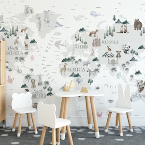 Klassieke wereldkaart kinderkamer behang, aquarel illustratie kunst aan de muur, educatieve babykamer decor #14
