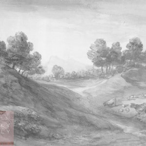 Puede incluir: Una pintura de acuarela en blanco y negro de un paisaje con un grupo de &aacute;rboles en una colina en primer plano. Hay varias vacas en la distancia.