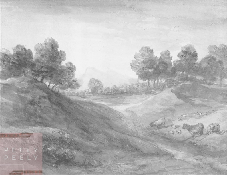 Puede incluir: Una pintura de acuarela en blanco y negro de un paisaje con un grupo de &aacute;rboles en una colina en primer plano. Hay varias vacas en la distancia.