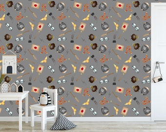 May include: A gray wall with a repeating pattern of Harry Potter themed illustrations. The illustrations include a cauldron, glasses, a snitch, a wand, a cage, and a scarf.
